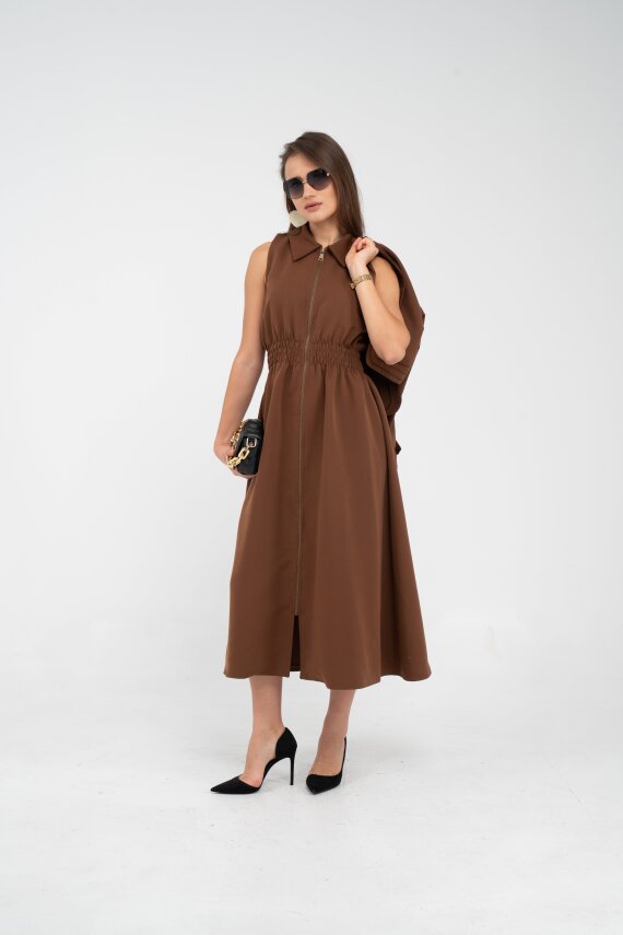 Fermuarlı Tasarım Detaylı Bel Lastikli Midi Kadın Elbise 1728 - 18