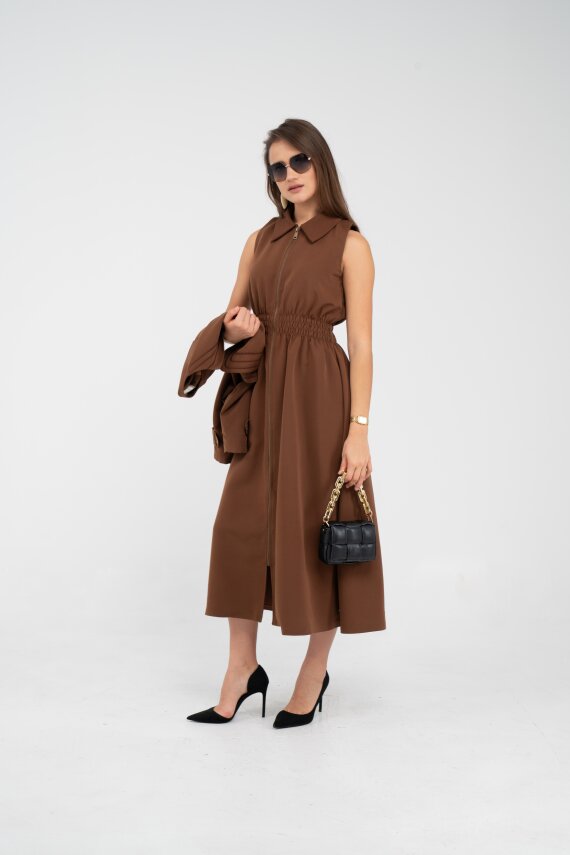 Fermuarlı Tasarım Detaylı Bel Lastikli Midi Kadın Elbise 1728 - 19