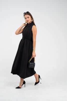 Fermuarlı Tasarım Detaylı Bel Lastikli Midi Kadın Elbise 1728 - 28