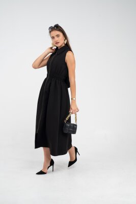 Fermuarlı Tasarım Detaylı Bel Lastikli Midi Kadın Elbise 1728 - 30