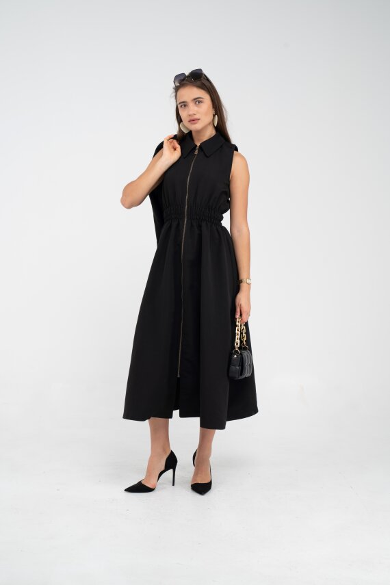 Fermuarlı Tasarım Detaylı Bel Lastikli Midi Kadın Elbise 1728 - 31