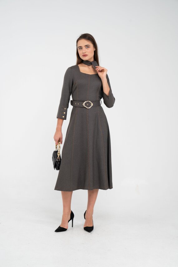 Kemer Detaylı Denim Görünümlü Midi Elbise K8081 - 1