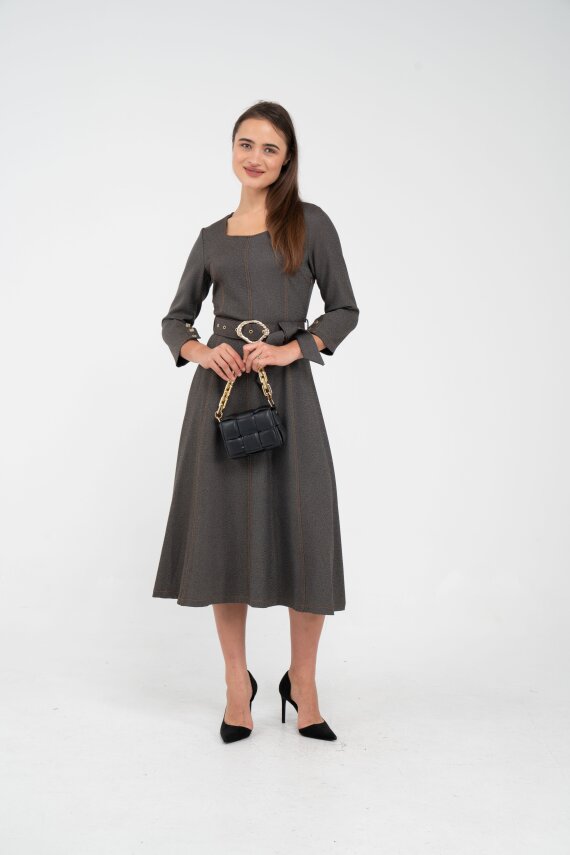 Kemer Detaylı Denim Görünümlü Midi Elbise K8081 - 2