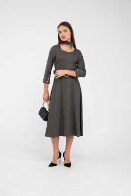 Kemer Detaylı Denim Görünümlü Midi Elbise K8081 - 3