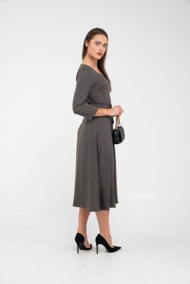 Kemer Detaylı Denim Görünümlü Midi Elbise K8081 - 4