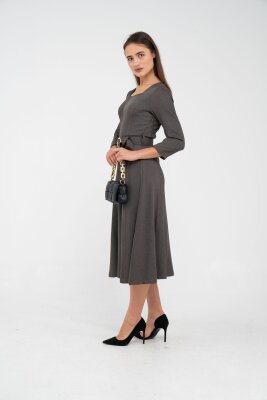 Kemer Detaylı Denim Görünümlü Midi Elbise K8081 - 5