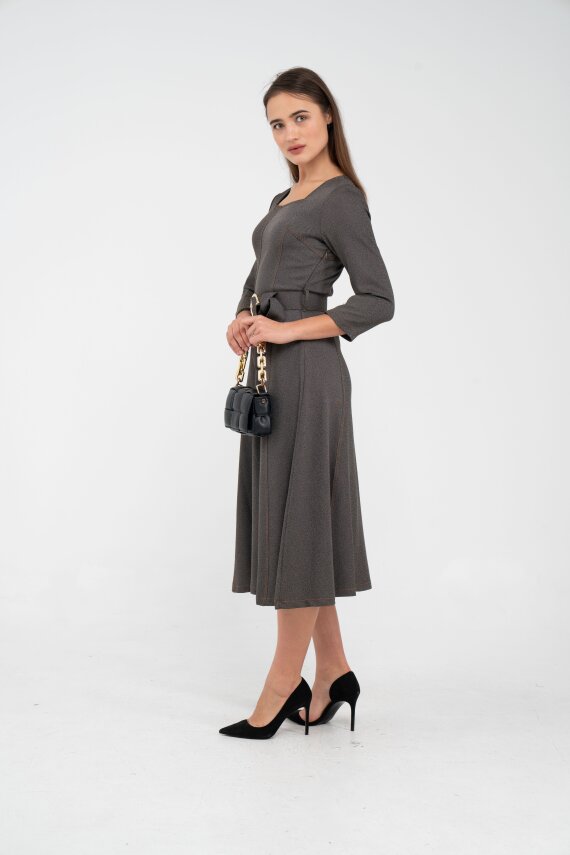 Kemer Detaylı Denim Görünümlü Midi Elbise K8081 - 5