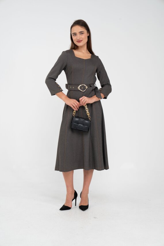 Kemer Detaylı Denim Görünümlü Midi Elbise K8081 - 6