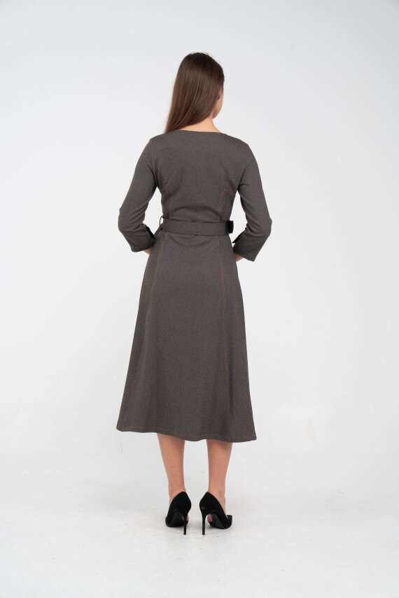 Kemer Detaylı Denim Görünümlü Midi Elbise K8081 - 7