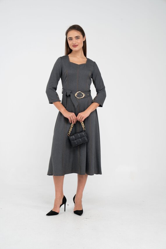 Kemer Detaylı Denim Görünümlü Midi Elbise K8081 - 8