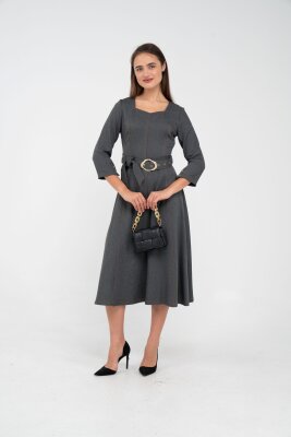 Kemer Detaylı Denim Görünümlü Midi Elbise K8081 - 9