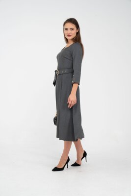 Kemer Detaylı Denim Görünümlü Midi Elbise K8081 - 10