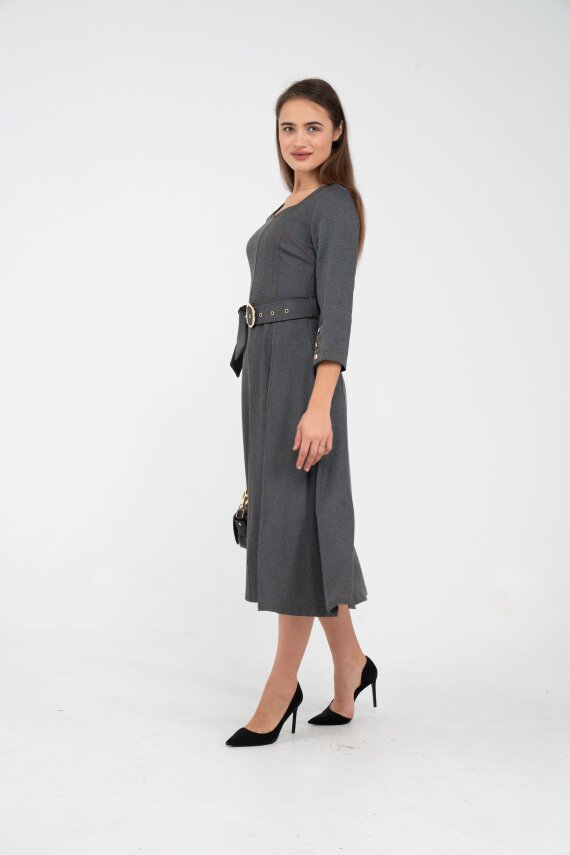 Kemer Detaylı Denim Görünümlü Midi Elbise K8081 - 10