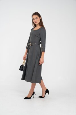 Kemer Detaylı Denim Görünümlü Midi Elbise K8081 - 11