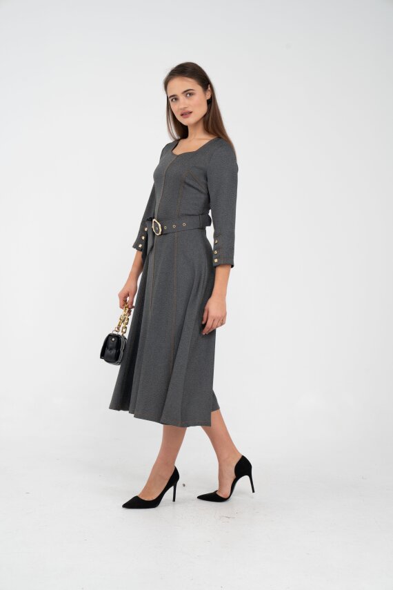 Kemer Detaylı Denim Görünümlü Midi Elbise K8081 - 11