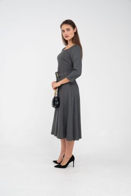 Kemer Detaylı Denim Görünümlü Midi Elbise K8081 - 12