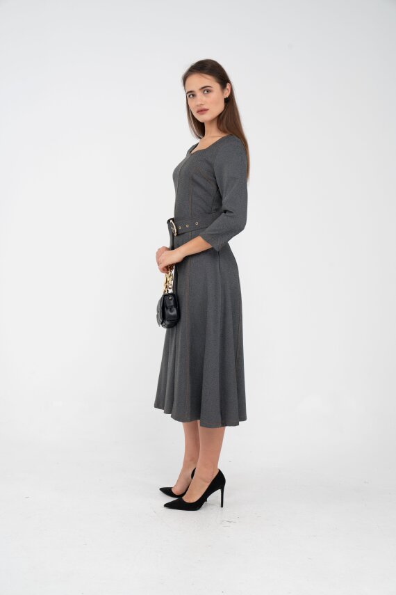 Kemer Detaylı Denim Görünümlü Midi Elbise K8081 - 12