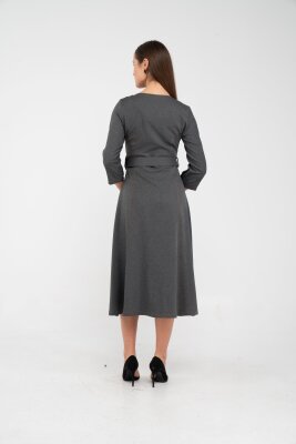 Kemer Detaylı Denim Görünümlü Midi Elbise K8081 - 13