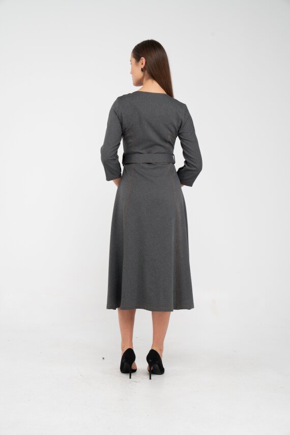 Kemer Detaylı Denim Görünümlü Midi Elbise K8081 - 13