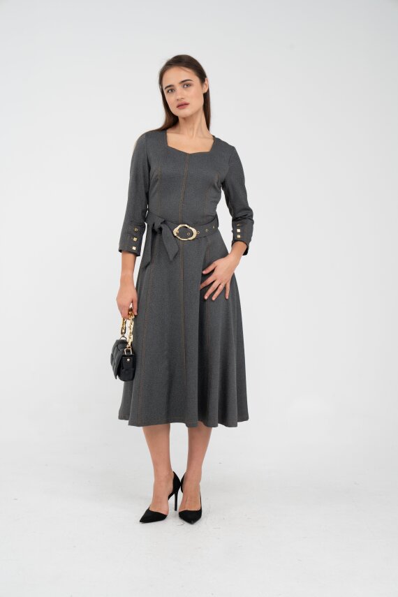 Kemer Detaylı Denim Görünümlü Midi Elbise K8081 - 14