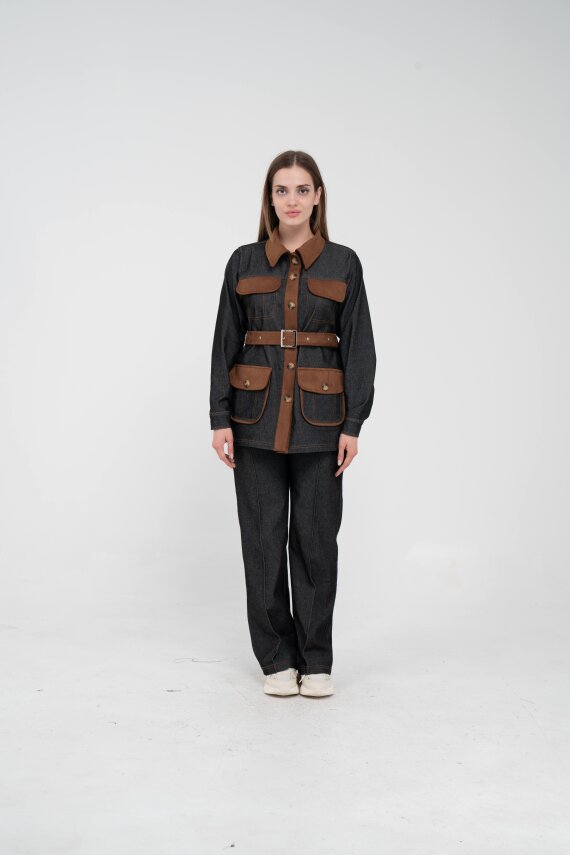 Kontrast Cepli Tokalı Kuşaklı Kadın Takım 1764 - 1