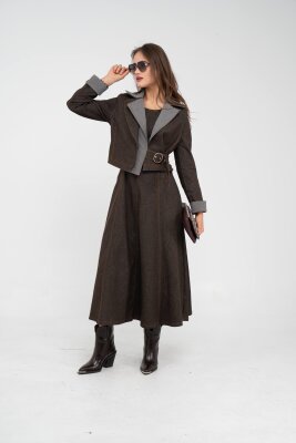 Kontrast Detaylı Kısa Ceket & Uzun Elbise İkili Kadın Takım 9003 - 2