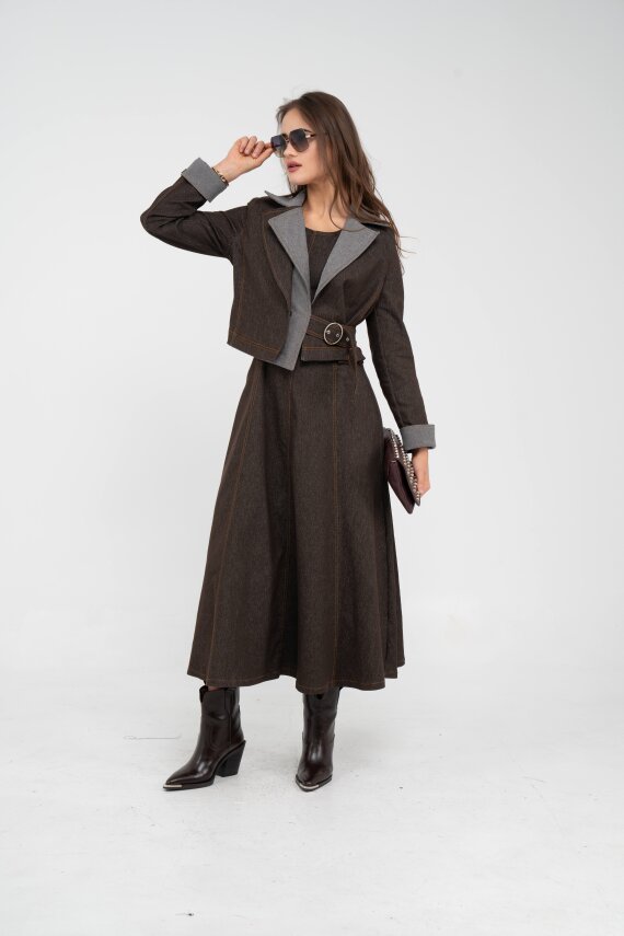 Kontrast Detaylı Kısa Ceket & Uzun Elbise İkili Kadın Takım 9003 - 2