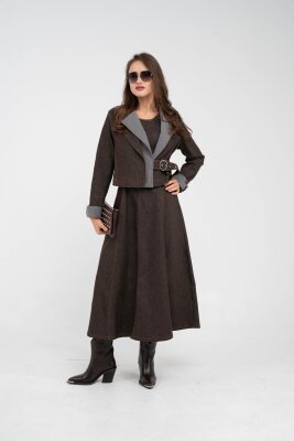 Kontrast Detaylı Kısa Ceket & Uzun Elbise İkili Kadın Takım 9003 - SASİLVA