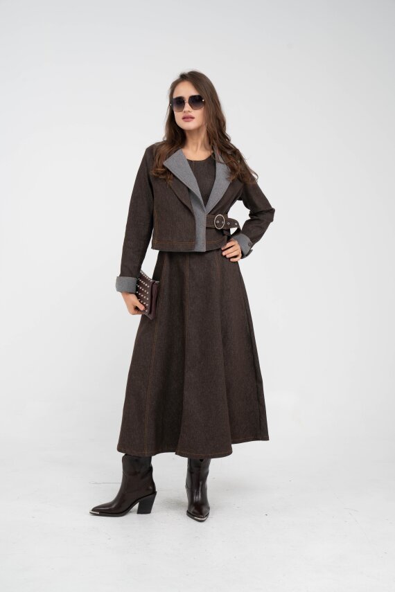 Kontrast Detaylı Kısa Ceket & Uzun Elbise İkili Kadın Takım 9003 - 1