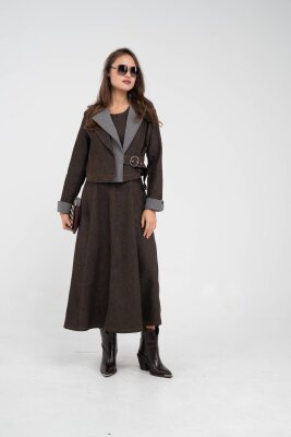 Kontrast Detaylı Kısa Ceket & Uzun Elbise İkili Kadın Takım 9003 - 6