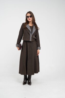 Kontrast Detaylı Kısa Ceket & Uzun Elbise İkili Kadın Takım 9003 - 7