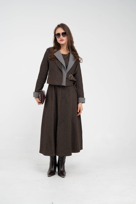 Kontrast Detaylı Kısa Ceket & Uzun Elbise İkili Kadın Takım 9003 - 7