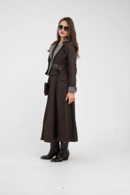 Kontrast Detaylı Kısa Ceket & Uzun Elbise İkili Kadın Takım 9003 - 8