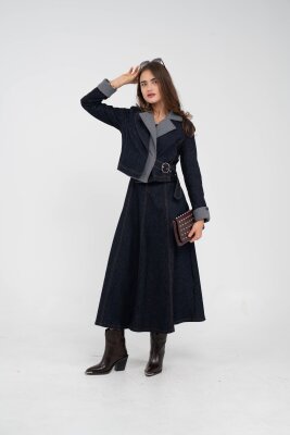 Kontrast Detaylı Kısa Ceket & Uzun Elbise İkili Kadın Takım 9003 - 11