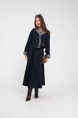 Kontrast Detaylı Kısa Ceket & Uzun Elbise İkili Kadın Takım 9003 - 12