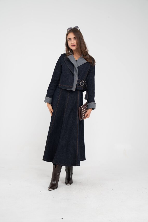 Kontrast Detaylı Kısa Ceket & Uzun Elbise İkili Kadın Takım 9003 - 12