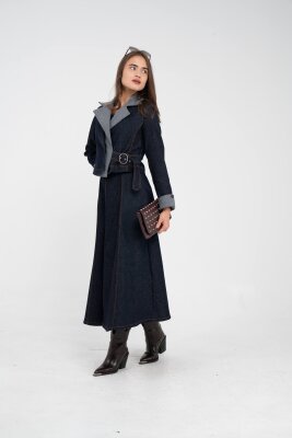 Kontrast Detaylı Kısa Ceket & Uzun Elbise İkili Kadın Takım 9003 - 13