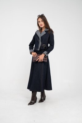 Kontrast Detaylı Kısa Ceket & Uzun Elbise İkili Kadın Takım 9003 - 14