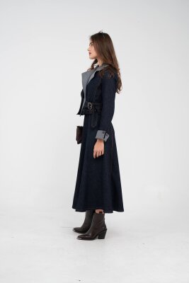 Kontrast Detaylı Kısa Ceket & Uzun Elbise İkili Kadın Takım 9003 - 15