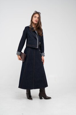 Kontrast Detaylı Kısa Ceket & Uzun Elbise İkili Kadın Takım 9003 - 17