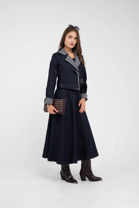 Kontrast Detaylı Kısa Ceket & Uzun Elbise İkili Kadın Takım 9003 - 18