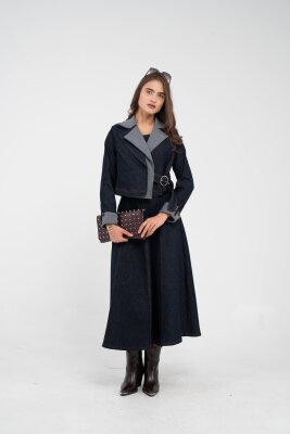 Kontrast Detaylı Kısa Ceket & Uzun Elbise İkili Kadın Takım 9003 - 19