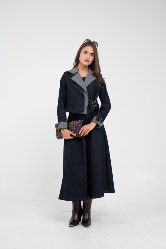 Kontrast Detaylı Kısa Ceket & Uzun Elbise İkili Kadın Takım 9003 - 19