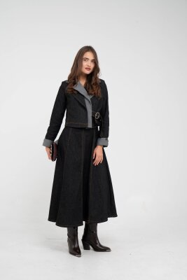 Kontrast Detaylı Kısa Ceket & Uzun Elbise İkili Kadın Takım 9003 - 26