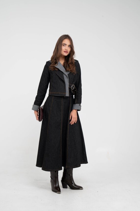 Kontrast Detaylı Kısa Ceket & Uzun Elbise İkili Kadın Takım 9003 - 26