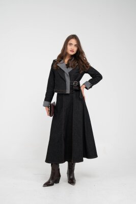 Kontrast Detaylı Kısa Ceket & Uzun Elbise İkili Kadın Takım 9003 - 27