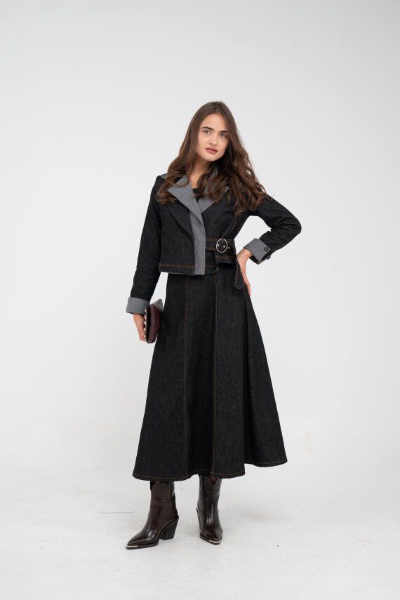 Kontrast Detaylı Kısa Ceket & Uzun Elbise İkili Kadın Takım 9003 - 27