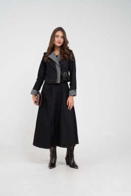 Kontrast Detaylı Kısa Ceket & Uzun Elbise İkili Kadın Takım 9003 - 25