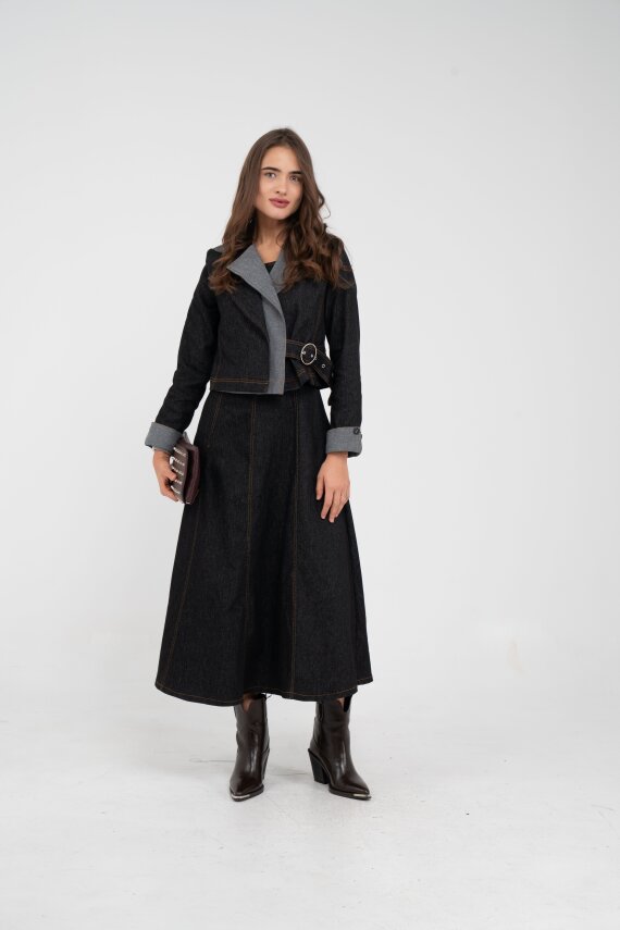 Kontrast Detaylı Kısa Ceket & Uzun Elbise İkili Kadın Takım 9003 - 25