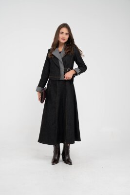 Kontrast Detaylı Kısa Ceket & Uzun Elbise İkili Kadın Takım 9003 - 32